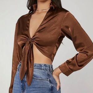 SHEIN Tie Front Satin Crop Top